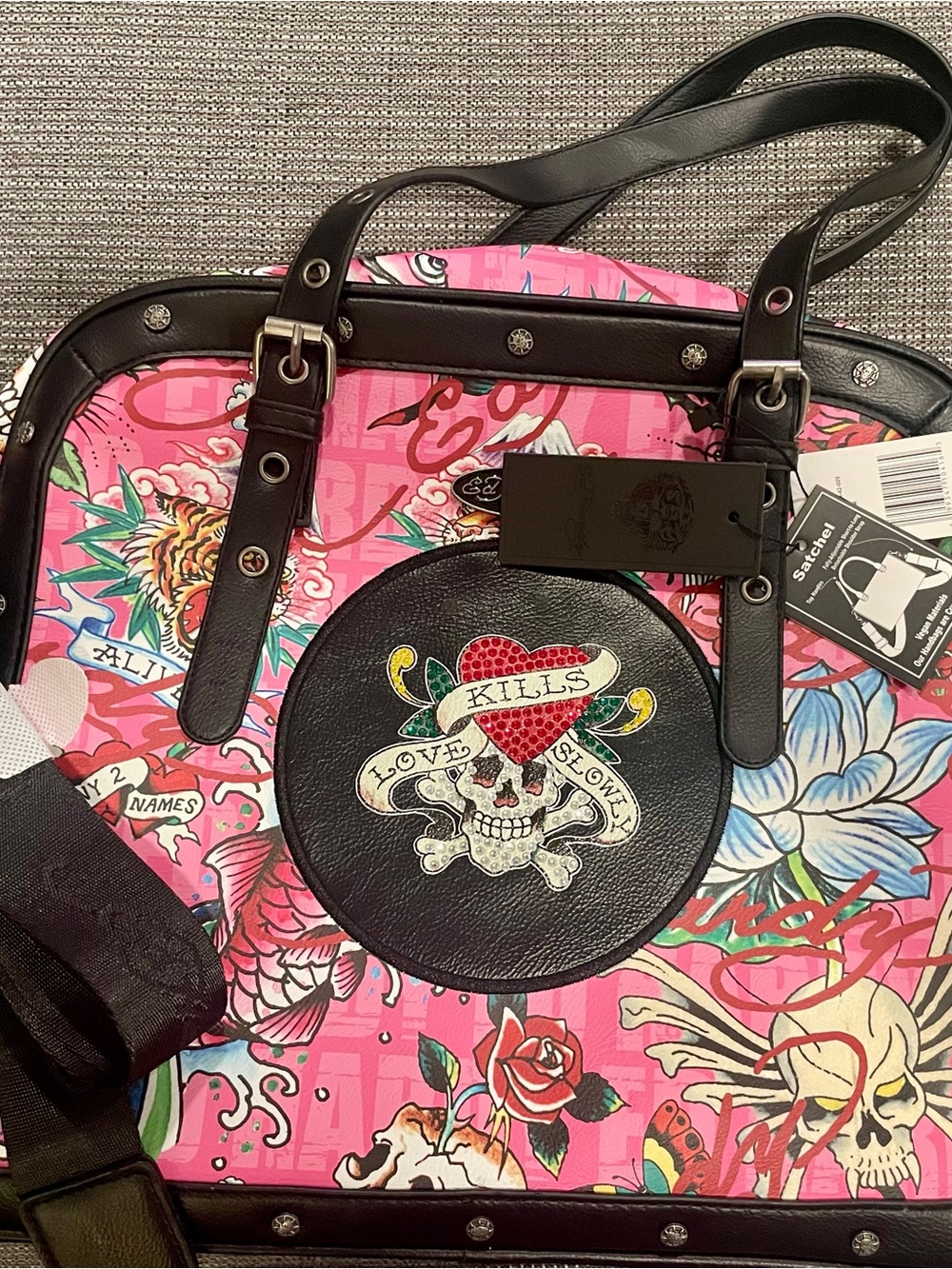 Ed Hardy Pink Floral Skull Satchel with Black Trim
